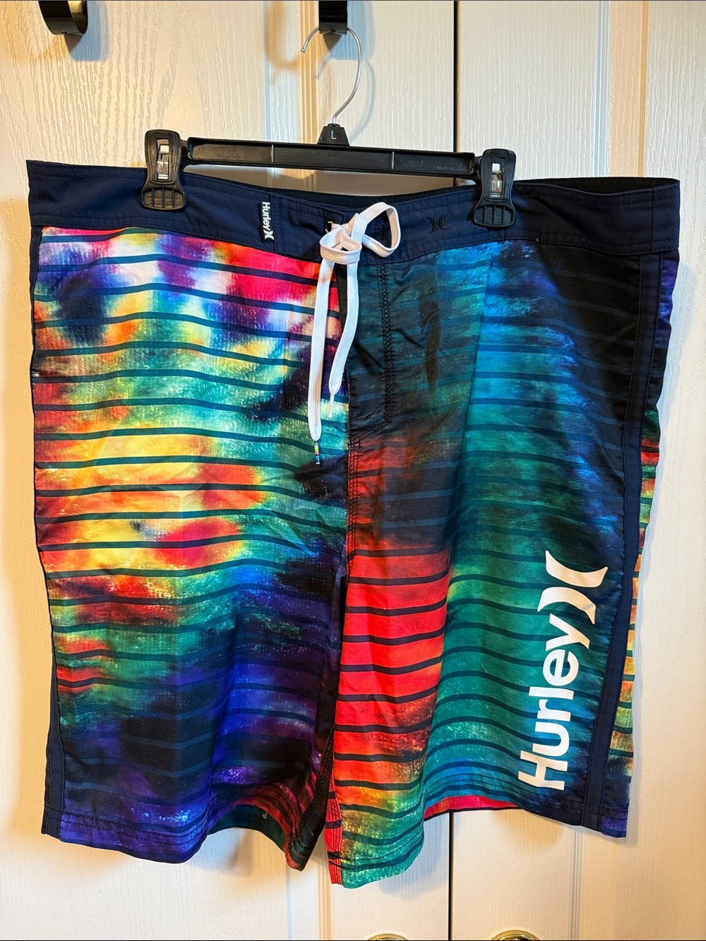Hurley Men’s Multicolor Rainbow Stripe Swim Board Shorts - Navy Waist
